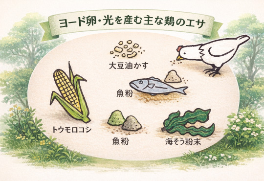ヨード卵光を産む主な鶏のエサ
